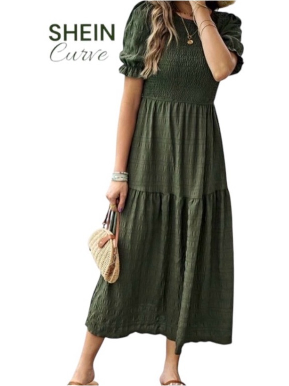 3X SHEIN Khaki Ruched-Stitch Bodice Dress, A-Line with Tiers